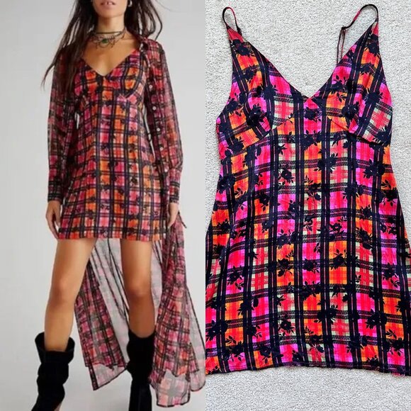 Free People Jerra‎ Slip Dress – Pink Plaid & Floral Mini – Size XS - Picture 1 of 9